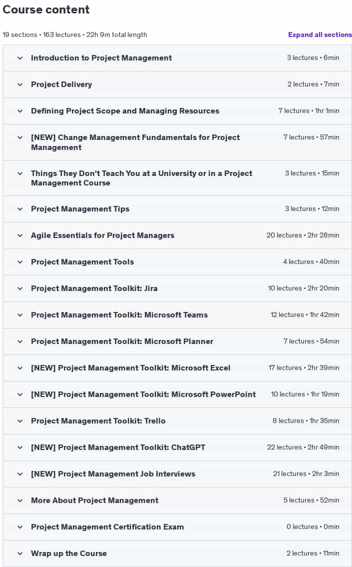 Course topics · Udemy — The Complete Project Management Fundamentals Course + CERT 2025-1