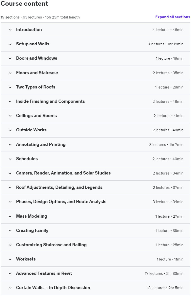 Course topics · Udemy — Revit Architecture 2024 From Zero to Hero 2023-7