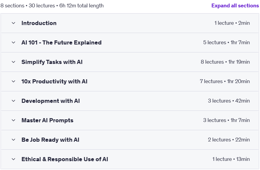 Course topics · Udemy — AI Productivity Mastery: 20+ AI Tools to Learn, Work & Earn 2025-3