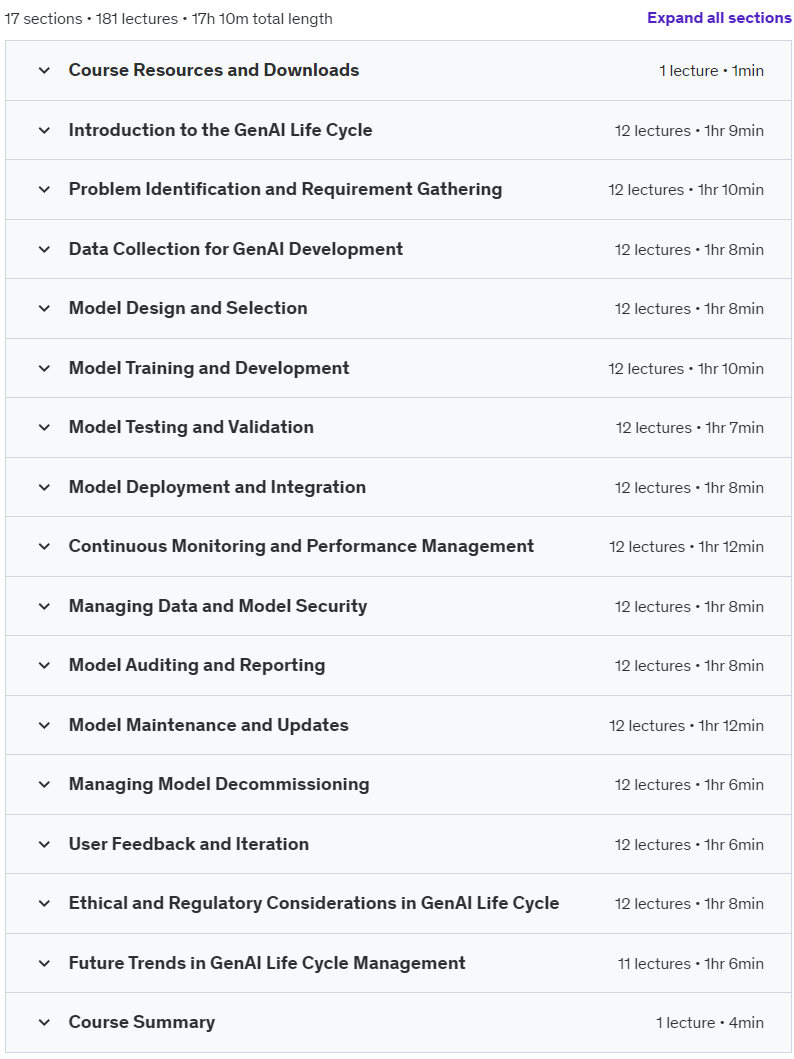 Course topics · Udemy — Principles and Practices of the Generative AI Life Cycle 2024-9