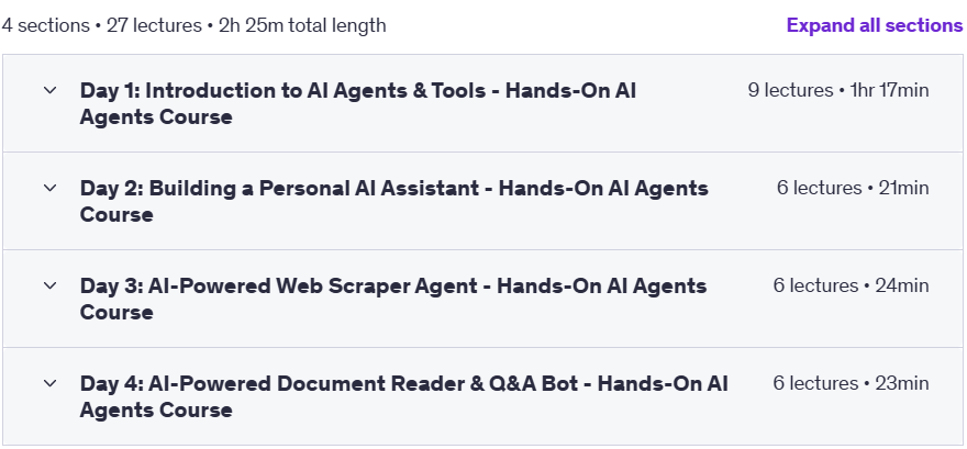 Course topics · Udemy — Mastering AI Agents Bootcamp: Build Smart Chatbots & Tools 2025-3