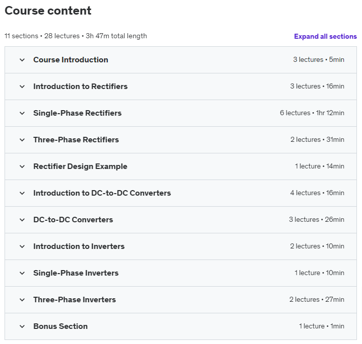 Course topics · Udemy — Electrical Engineering: Power Electronics Masterclass 2020-10