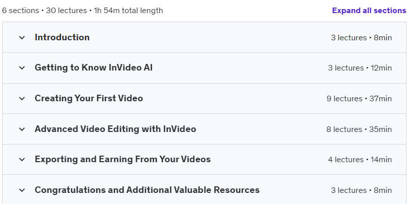 Course topics · InVideo Mastery: Fast & Easy 100% AI Video Production. 2024-4