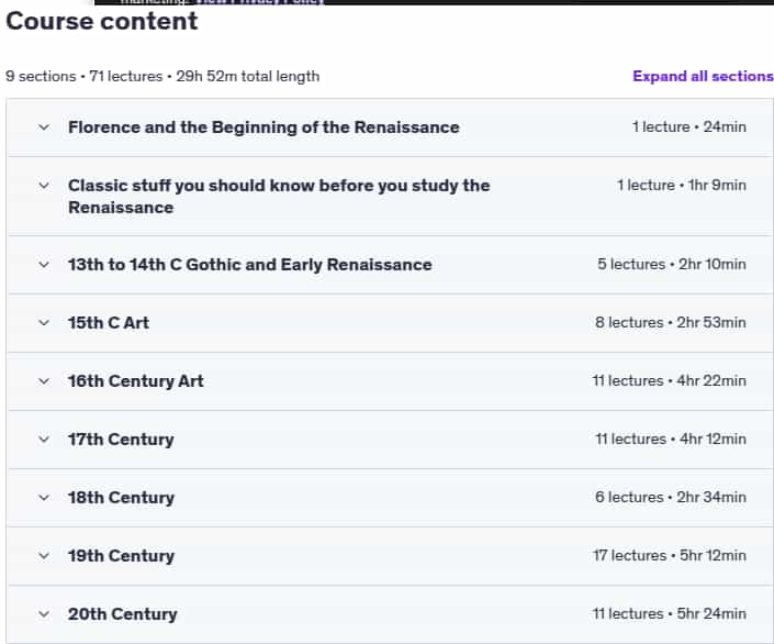 Course topics · Udemy — Art History Renaissance to 20th Century 2025-7