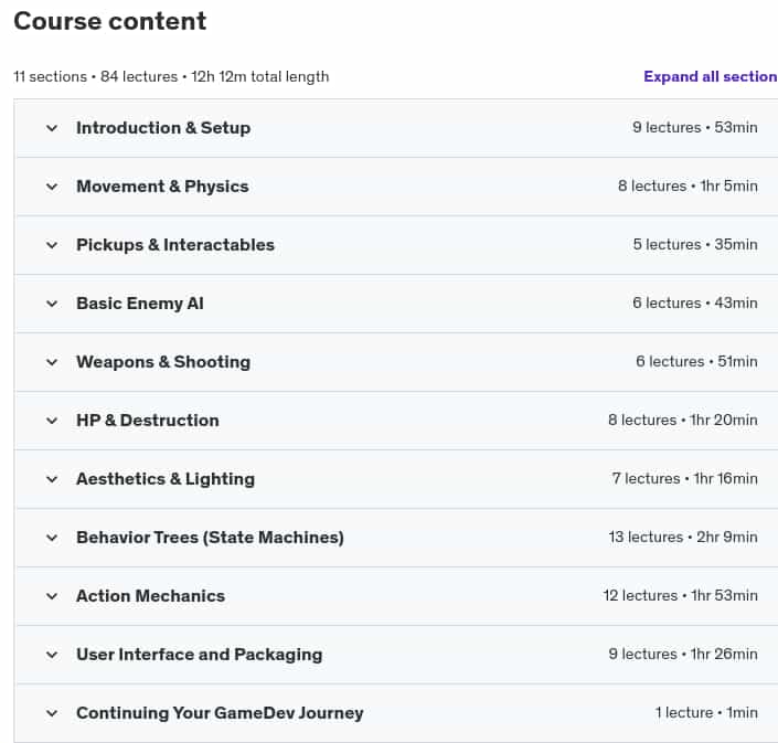 Course topics · Unreal Engine 5: Action Adventure Game Development Course 2024-7