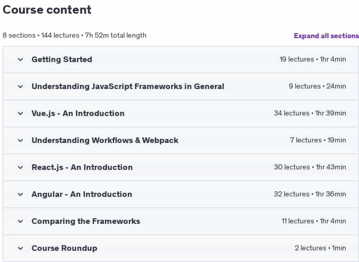 Course topics · Udemy — React JS, Angular & Vue JS – Quickstart & Comparison 2022-11