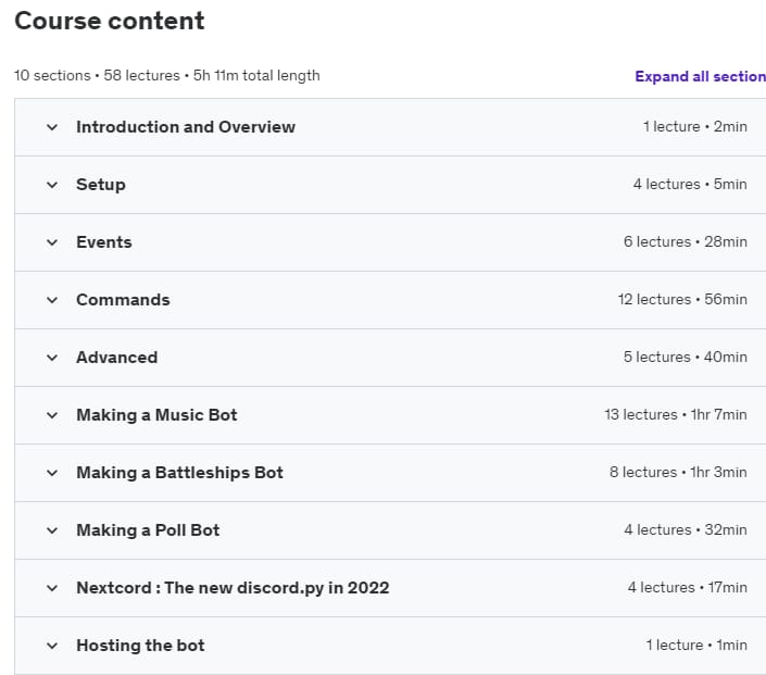 Course topics · Udemy — Develop Discord Bots in Python – Ultimate Course 2021-12