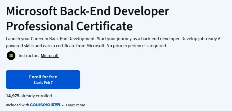 الصور · شهادة Microsoft Back-End Developer Professional 2026-2
