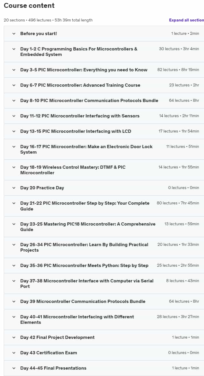 Course topics · 45-Day PIC Microcontroller Bootcamp 2024-8