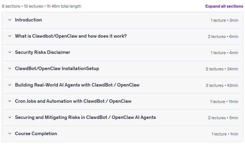 کورس کے موضوعات · Clawd Bot/OpenClaw CrashCourse: سیٹ اپ سے حقیقی AI ایجنٹ 2026-2