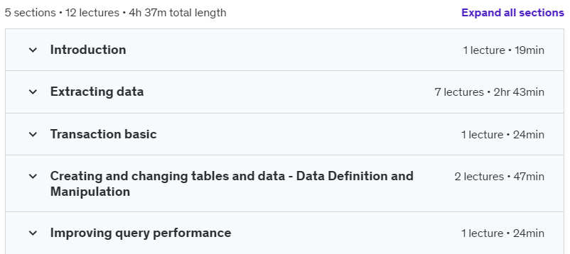 Course topics · Udemy — Complete Guide – SQL for Data Analysts and Data Scientists 2024-7