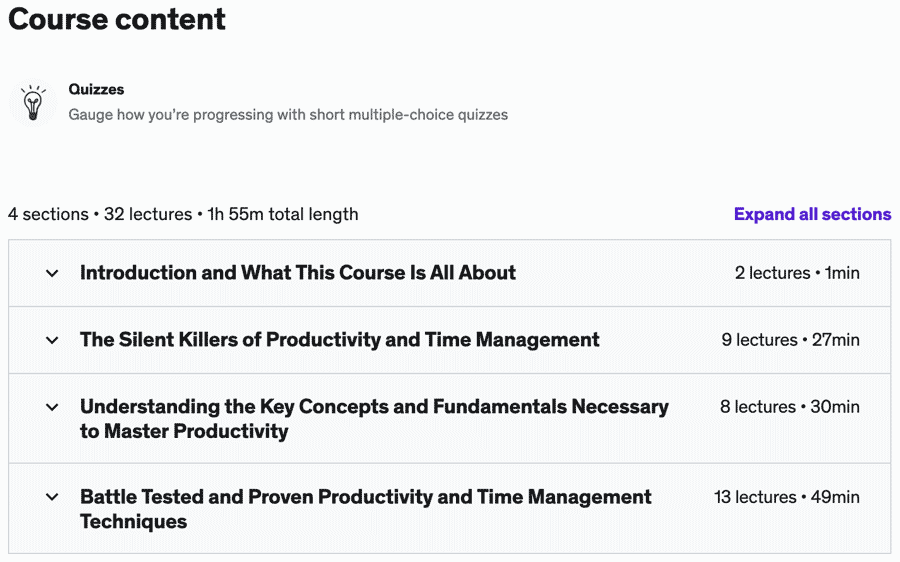 Course topics · Udemy — Productivity and Time Management for the Overwhelmed 2017-6