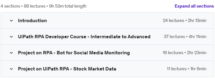 Course topics · Udemy — Comprehensive UiPath RPA Development: Beginner to Advanced 2024-6