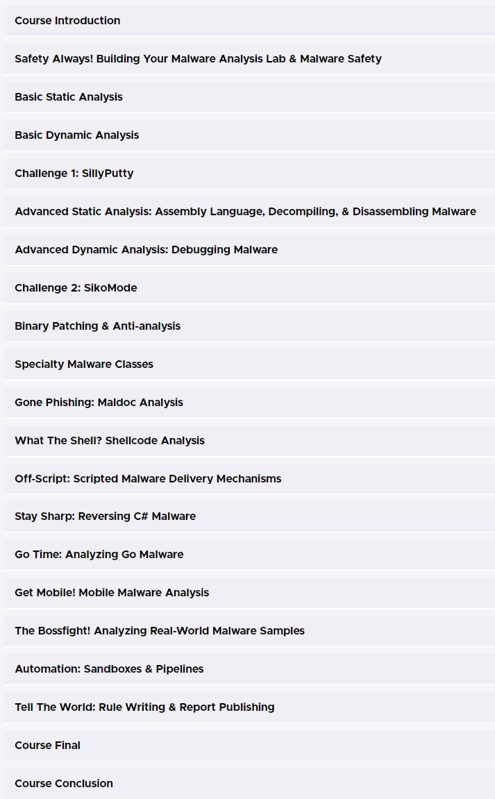Course topics · TCM Security – Practical Malware Analysis & Triage 2024-9