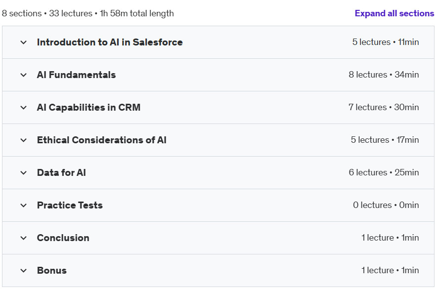 Course topics · Udemy — 2024 Salesforce AI Associate Certification & Practice Tests 2024-10