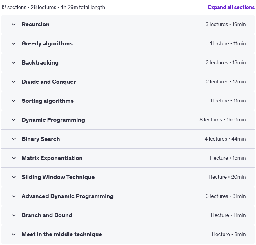 Course topics · Udemy — Advanced Algorithms and Programming Techniques 2022-5