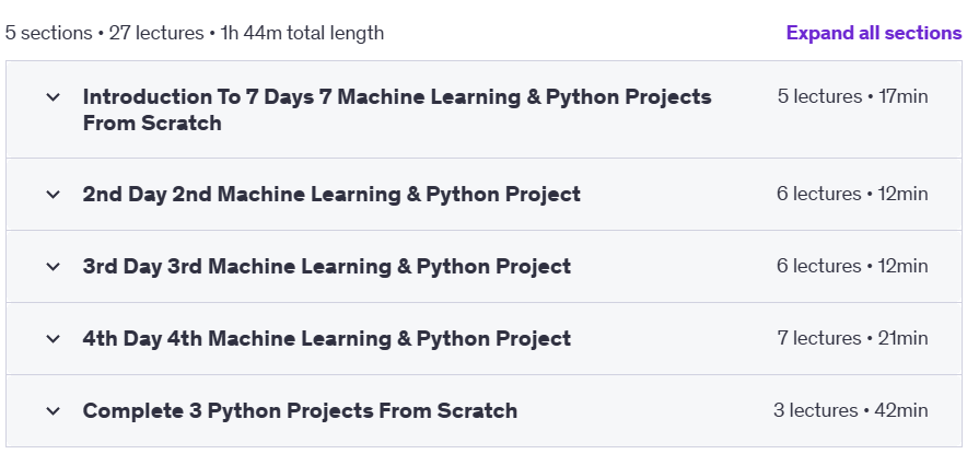 Course topics · Udemy — 7 Days 7 Machine Learning & Python Projects From Scratch 2024-12