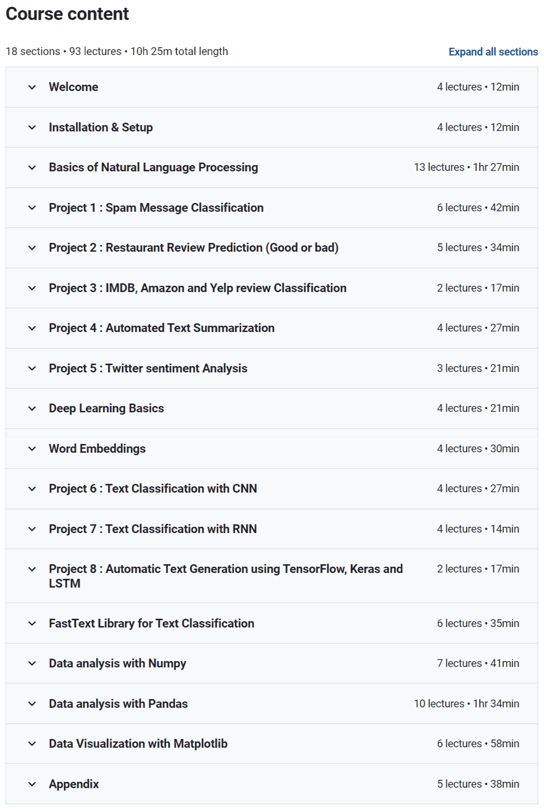 Course topics · Udemy — Natural Language Processing (NLP) in Python with 8 Projects 2021-11