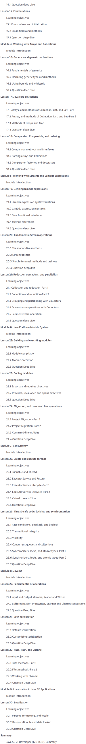 Course topics · Oreilly — Java SE 21 Developer (1Z0-830) 2025-4