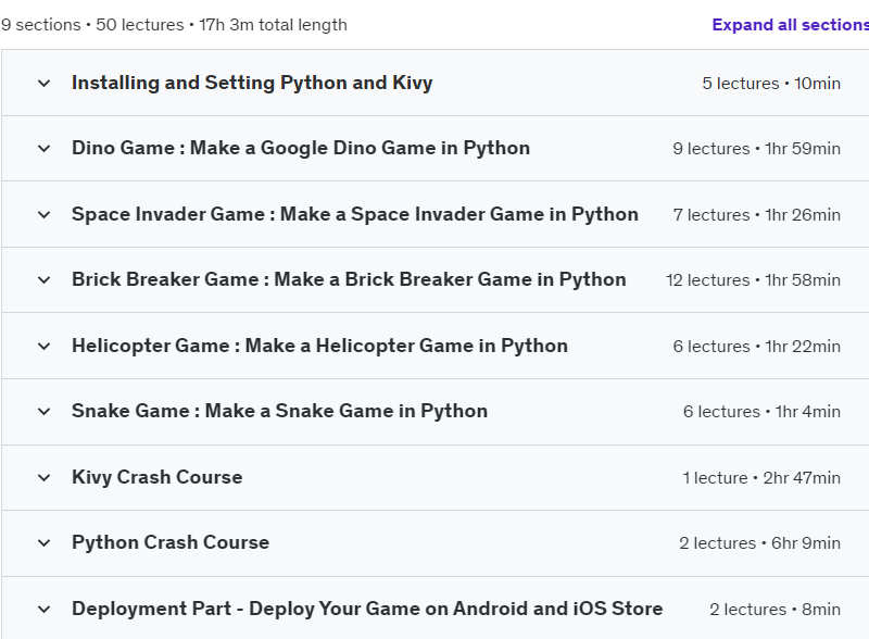 Course topics · Udemy — Make 5 Android/iOS Pro Mobile Games in Python 2024-6