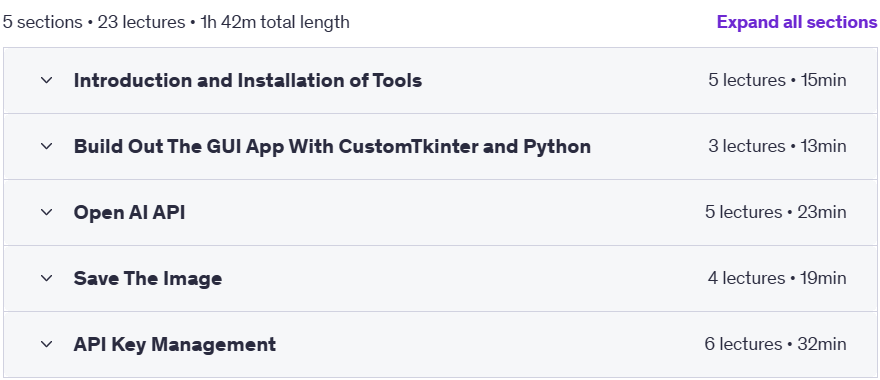 Course topics · Udemy — Build an A.I. Image Generator App With Tkinter and Python 2023-11