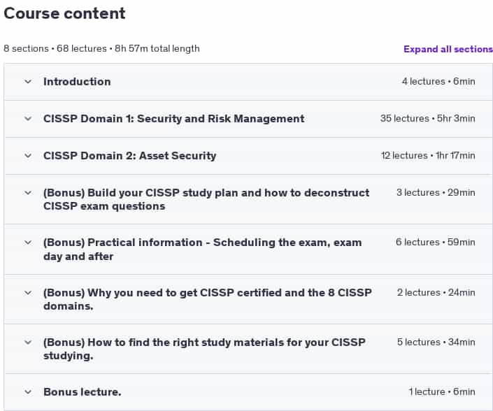 Course topics · CISSP Certification: CISSP Domain 1 & 2 Boot Camp 2025 Exam 2025-1