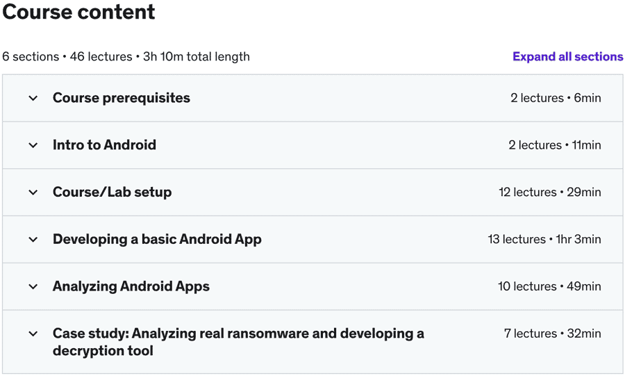 Course topics · Udemy — Mobile Security: Reverse Engineer Android Apps From Scratch 2020-5