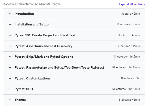 Course topics · Udemy — Python Automation Testing With Pytest 2023-12