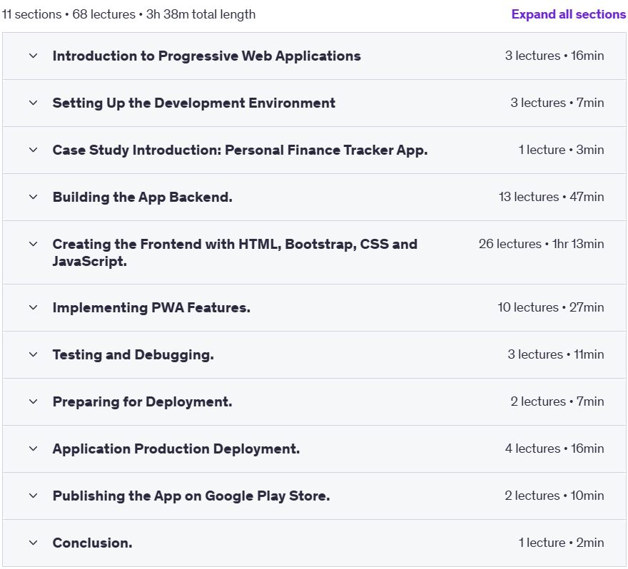 Course topics · Udemy — Build Progressive Web Apps: Python Django PWA Masterclass 2025-3