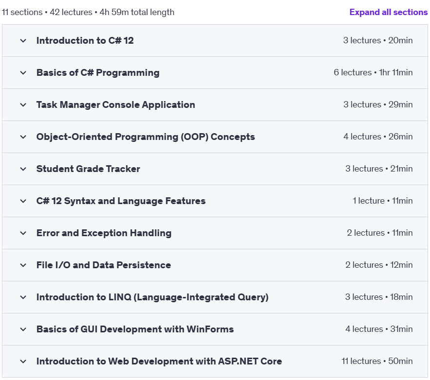 Course topics · Udemy — C# 12 Mastery: From Console Apps to Web Development 2025-1