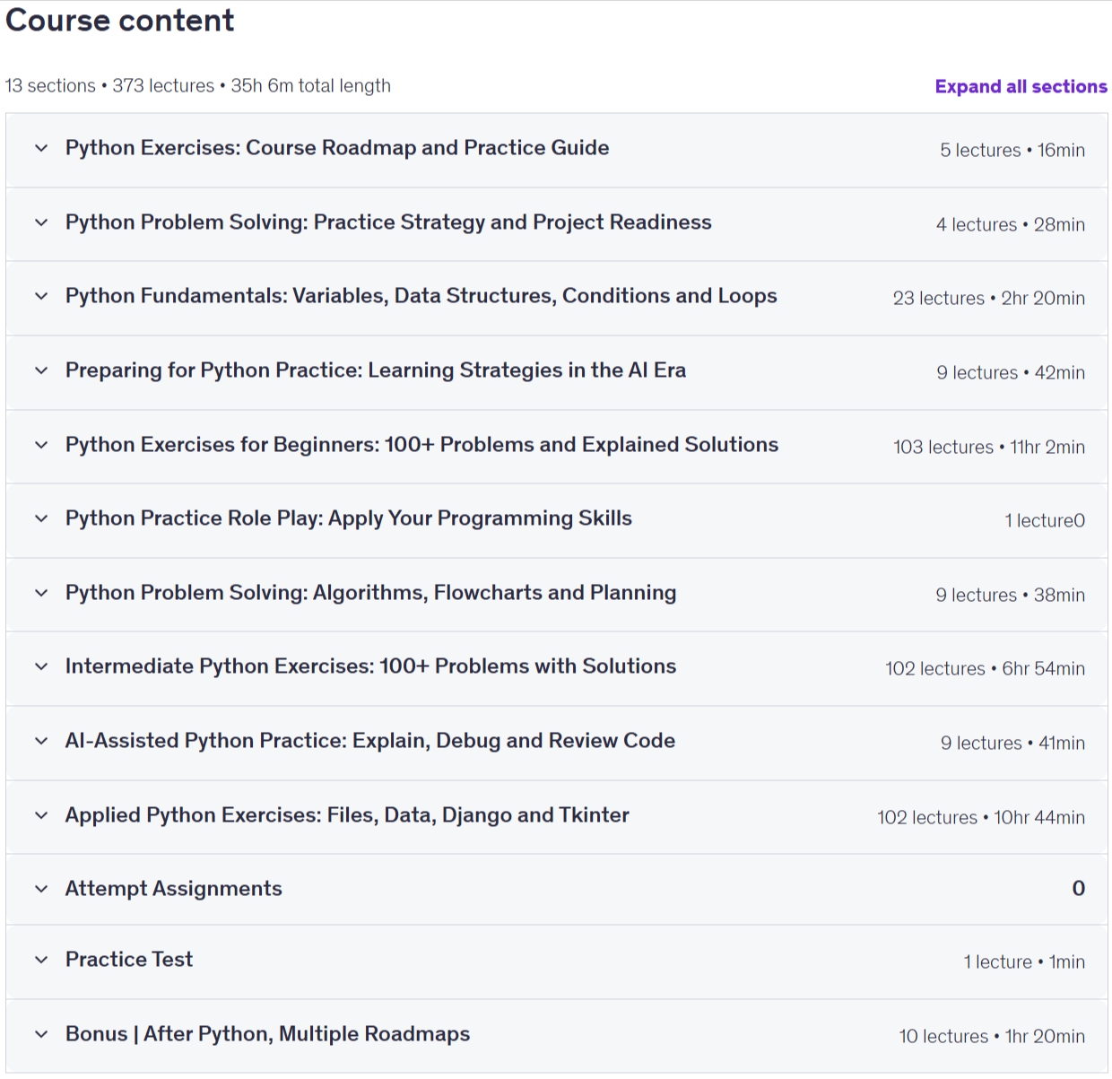 Course topics · Udemy — Python Exercises: 315+ Coding Challenges with Solutions 2026-2