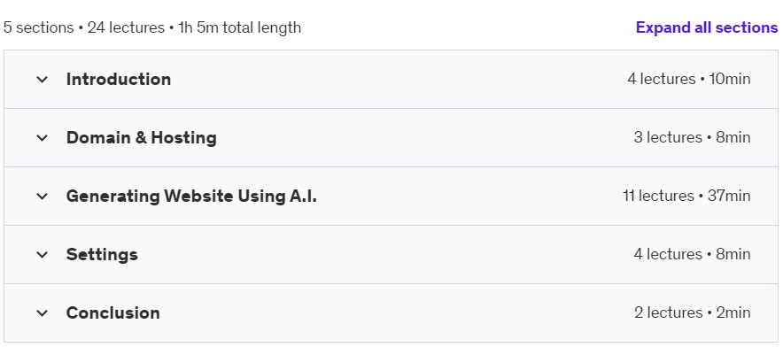 Course topics · Udemy — Complete AI WordPress Creation Course 2024-7