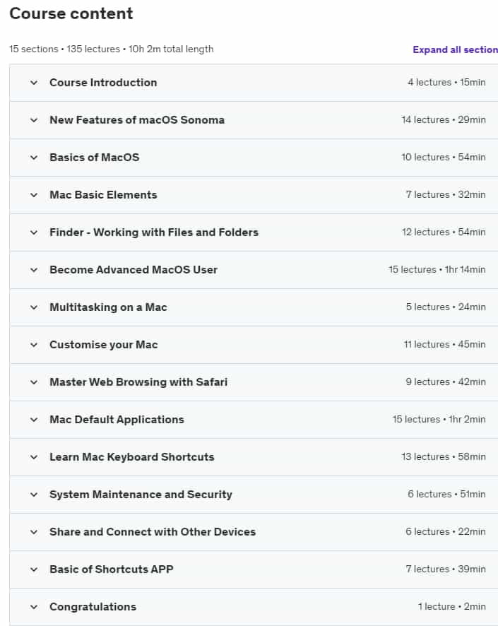 Course topics · Master macOS Sonoma – The Complete Course 2023-11