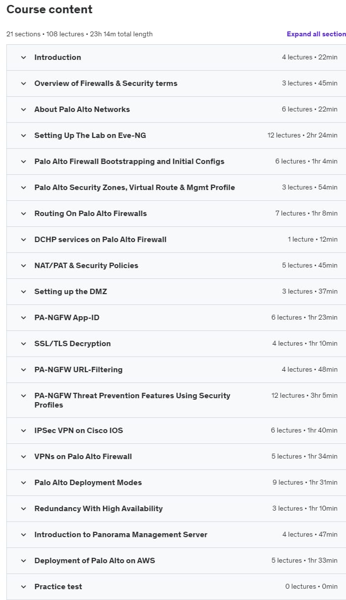 Course topics · Palo Alto Firewalls 10.x – Install, Config & Manage (2024) 2024-2