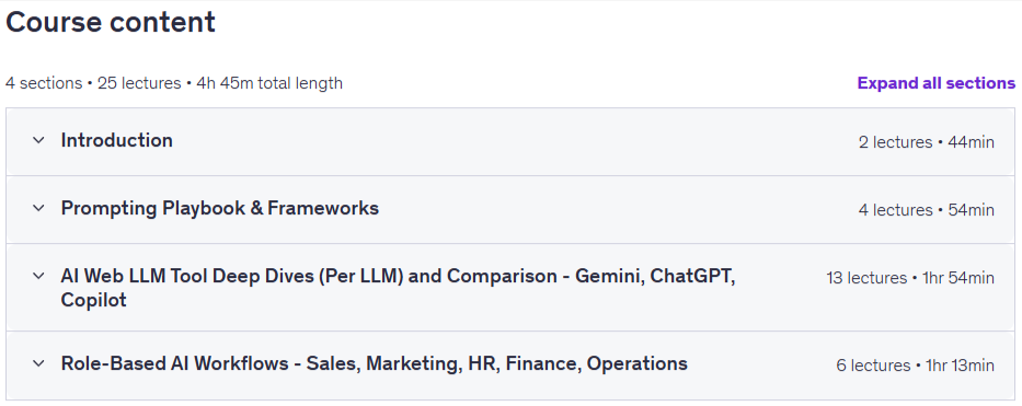 موضوعات الدورة · ChatGPT, Gemini, Copilot, Web LLMs - AI للعمل من أجل الأعمال التجارية 2025-12