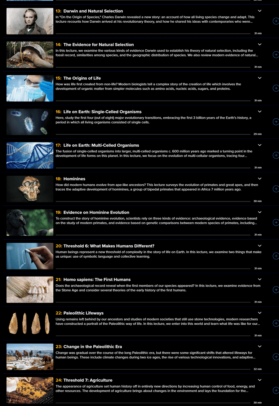 Course topics · The Great Courses Plus — Big History: The Big Bang, Life on Earth, and the Rise of Humanity 2025-11