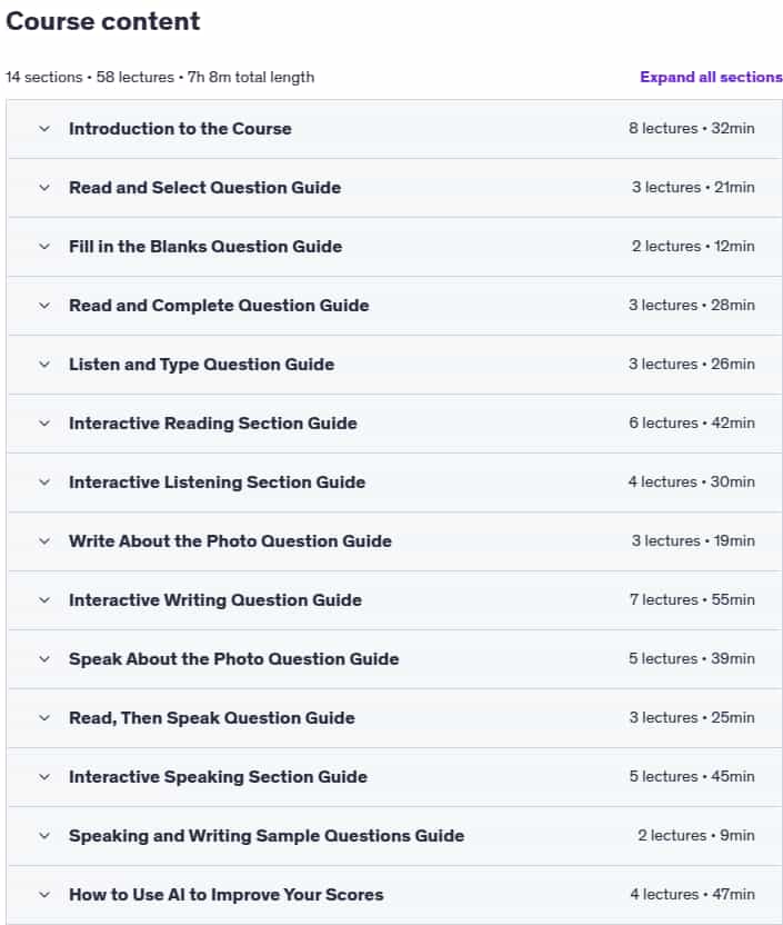 Course topics · Duolingo English Test Success – Complete Course for 120+ 2025-7