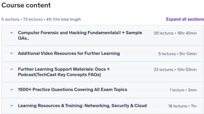 Course topics · Udemy — Computer Forensic & Hacking Fundamentals & 1500+ Exam QAs.. 2025-8