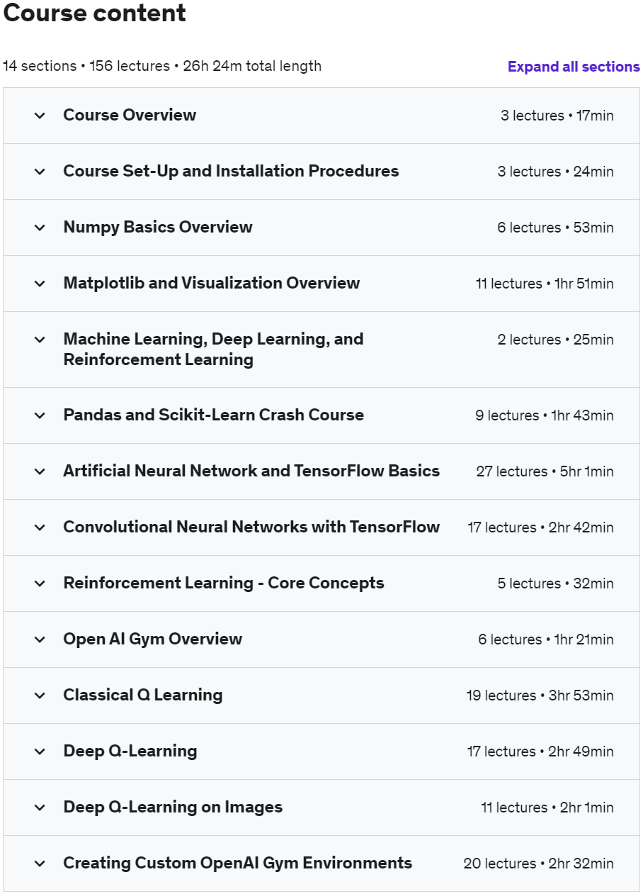Course topics · Udemy — Practical AI with Python and Reinforcement Learning 2023-4