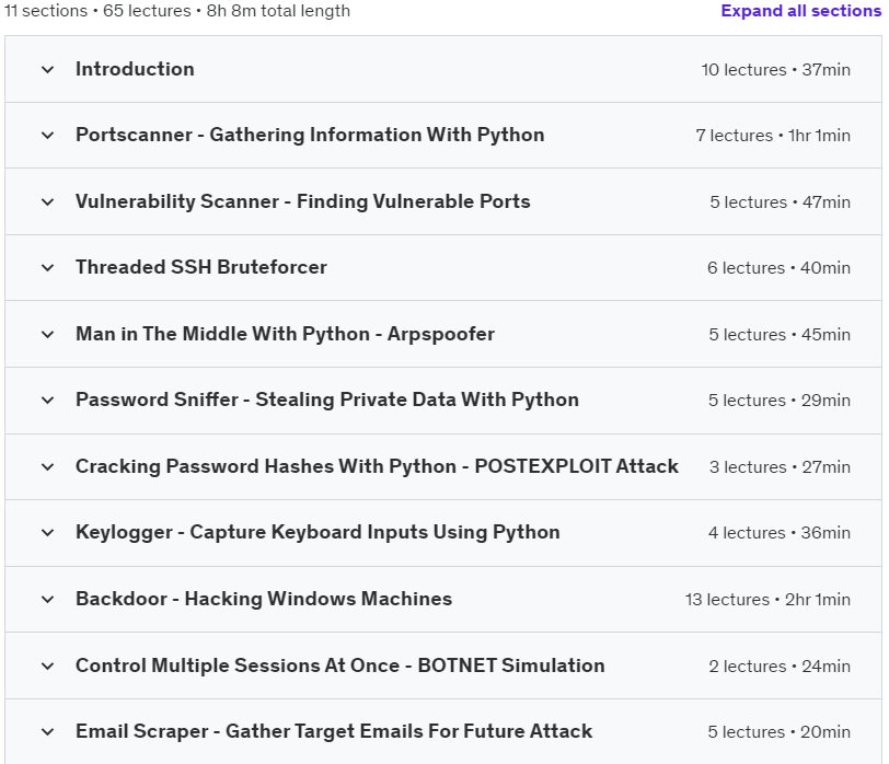 Course topics · Complete Python 3 Ethical Hacking: Beginner To Advanced! 2020-6
