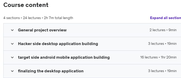 Course topics · Udemy — Building A Professional Mobile Application Backdoor Attack 2019-12