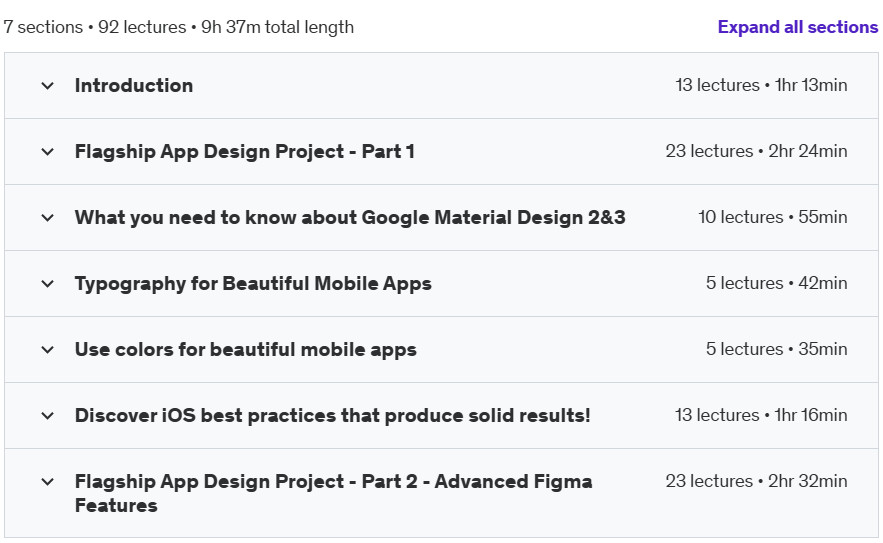 Course topics · Udemy — Figma for Mobile App Design: Ultimate Edition 2024-1
