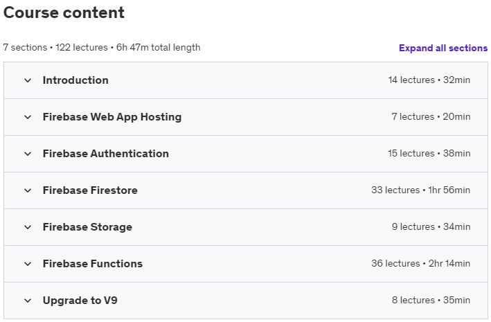 Course topics · Udemy — Learn Firebase Core with React 2021-9