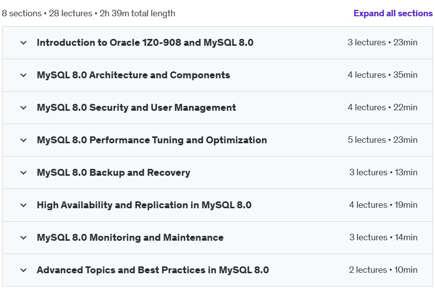 Course topics · Udemy — Master 1Z0-908 MySQL 8.0 Database Administrator Training 2024-9