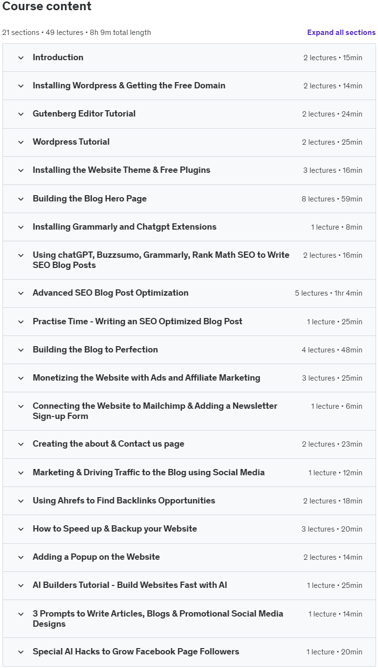 Course topics · Udemy — ChatGPT & WordPress: Create a News Blogging Website 2024-9