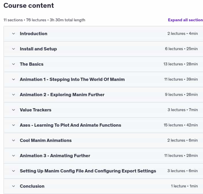 Course topics · Udemy — Manim For Beginners: Create Stunning Animations With Code 2025-1