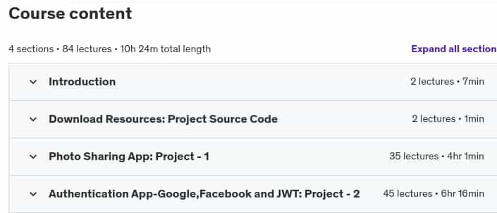 Course topics · Udemy — MERN Stack Bootcamp 2024: Build 2 Real Projects-Clean Code 2024-6