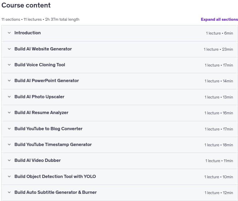 Course topics · Build 10 AI Tools with Python: Complete Automation Course 2026-1