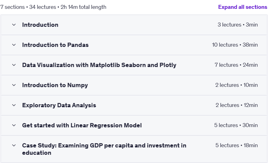 Course topics · Udemy — Data Analysis and Machine Learning with Python 2023-4