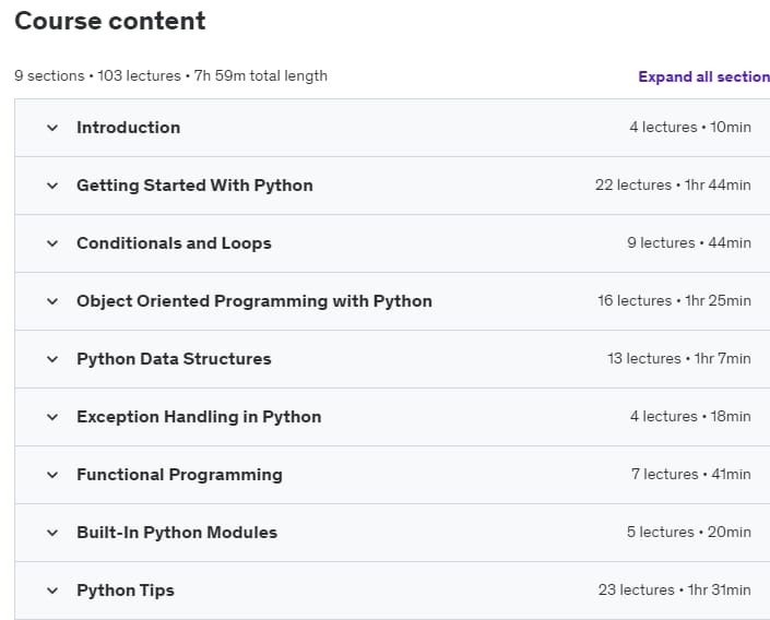 Course topics · Python for Beginners – Go from Java to Python in 100 Steps 2018-8